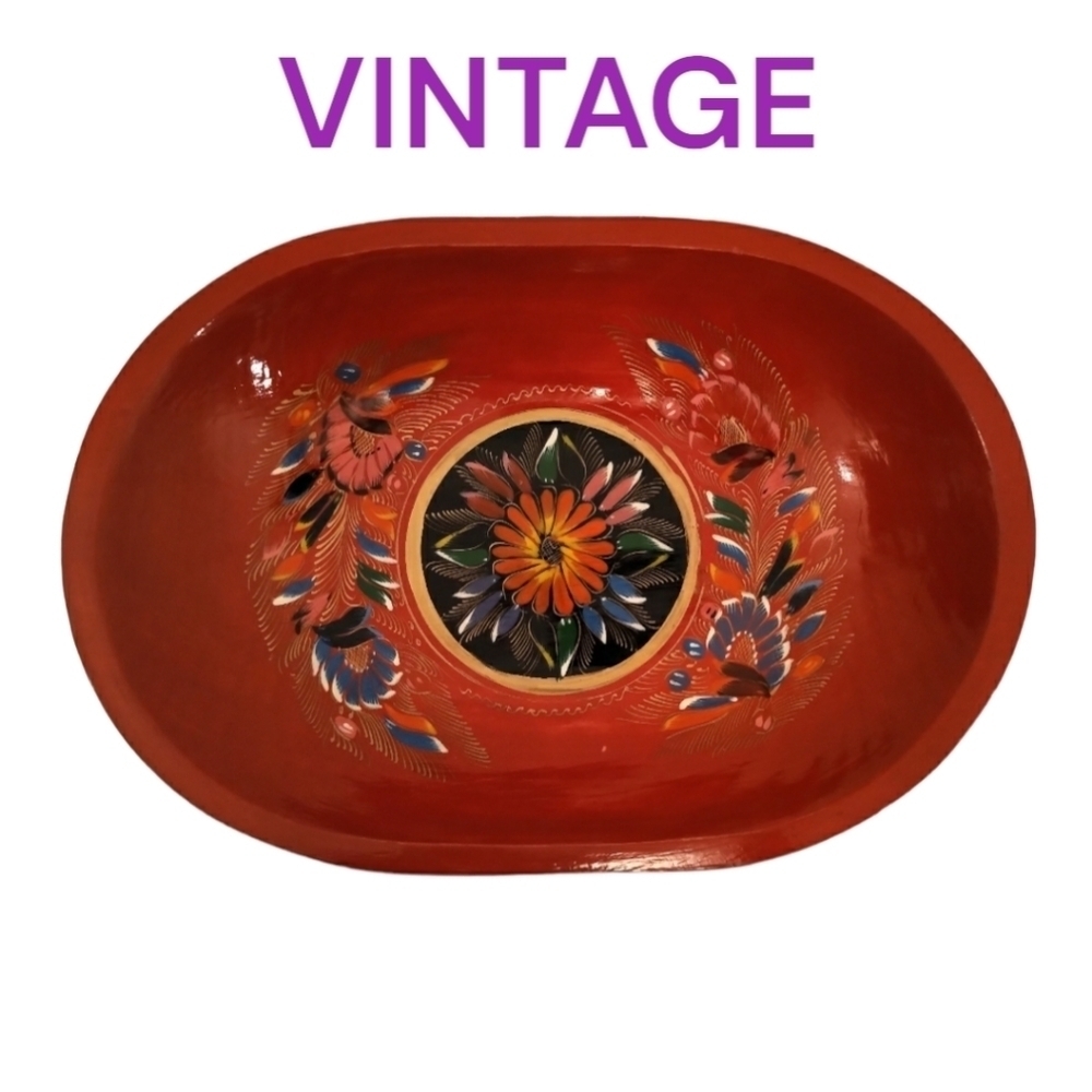 2/45🌱Gorgeous Vintage handpainted Wooden platter Serving dish Ruby Red HANDMADE